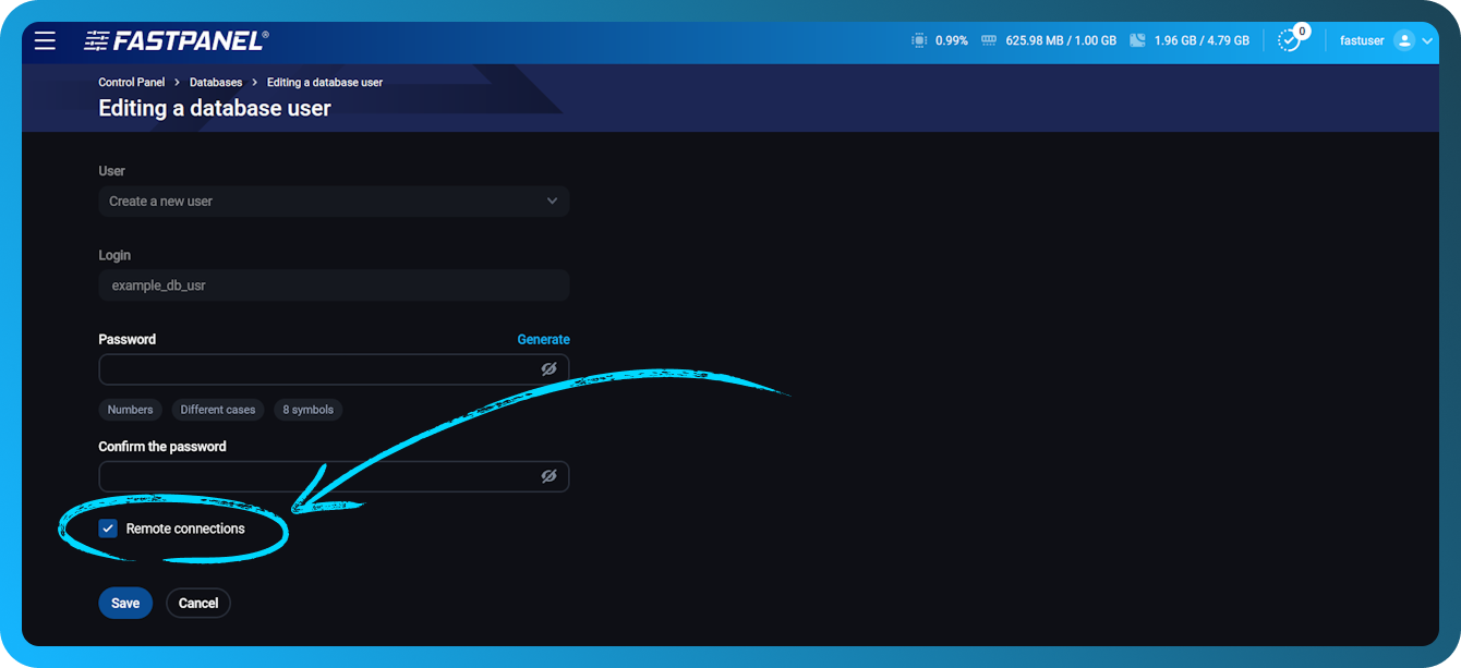 FASTPANEL'de veritabanı uzak bağlantılarını etkinleştirme