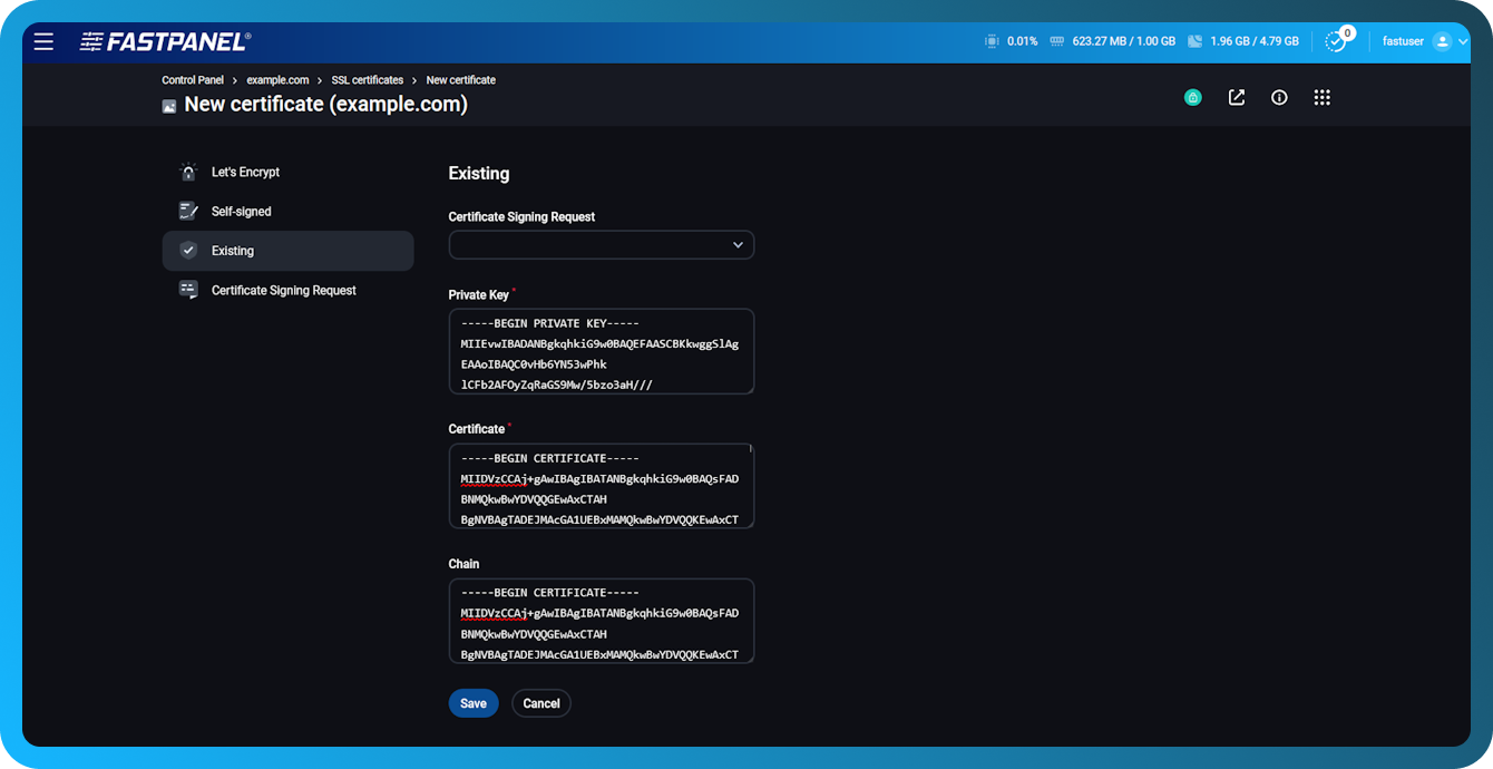 在 FASTPANEL 中为网站添加现有证书