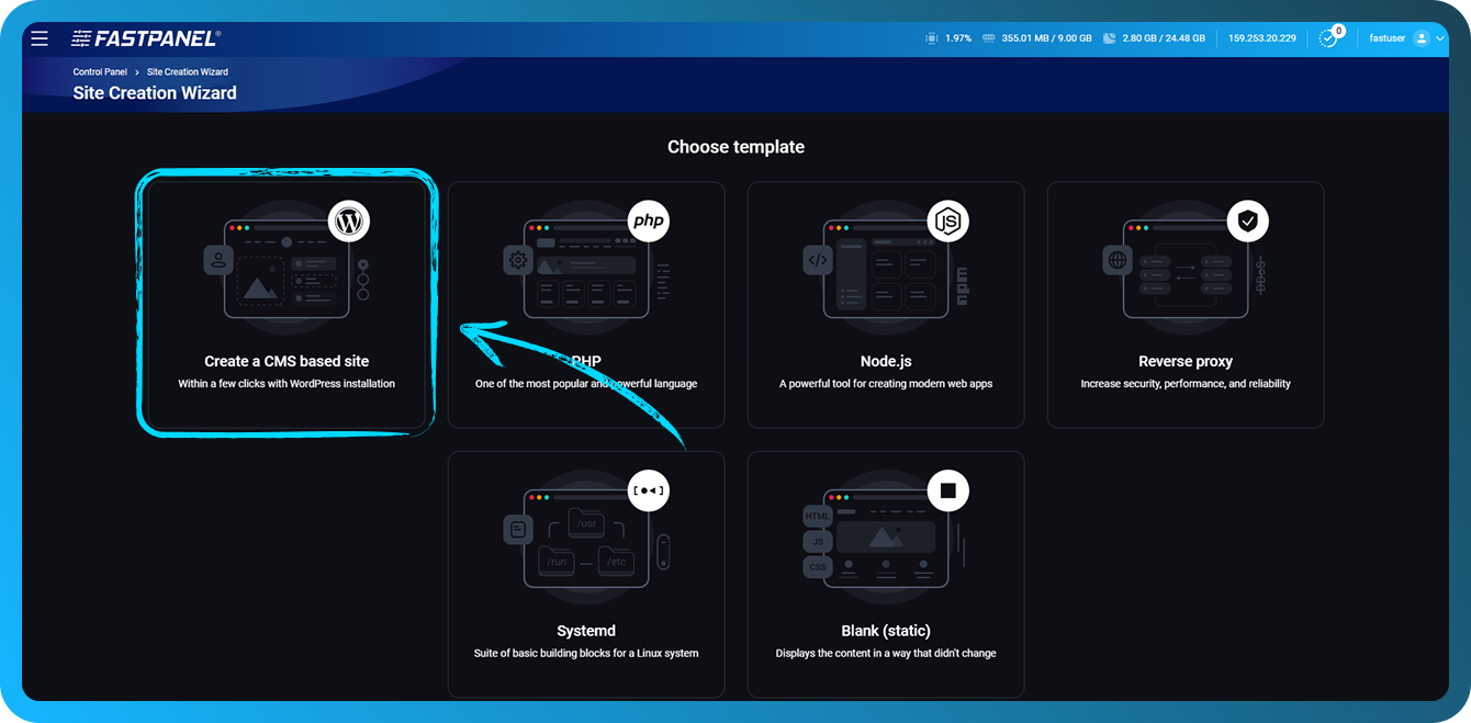 在 FASTPANEL 中创建基于 CMS 的站点