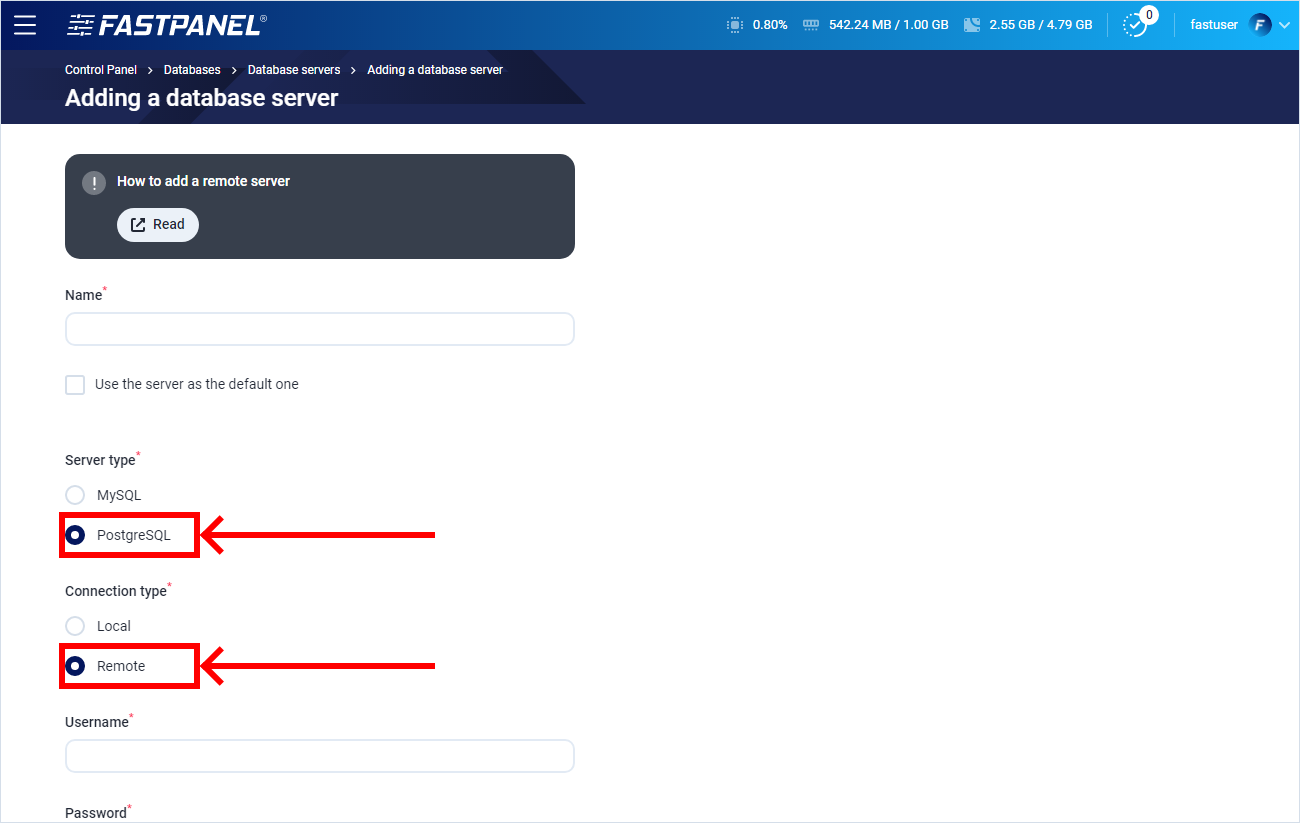 在 FASTPANEL 中添加 PostgreSQL 服务器