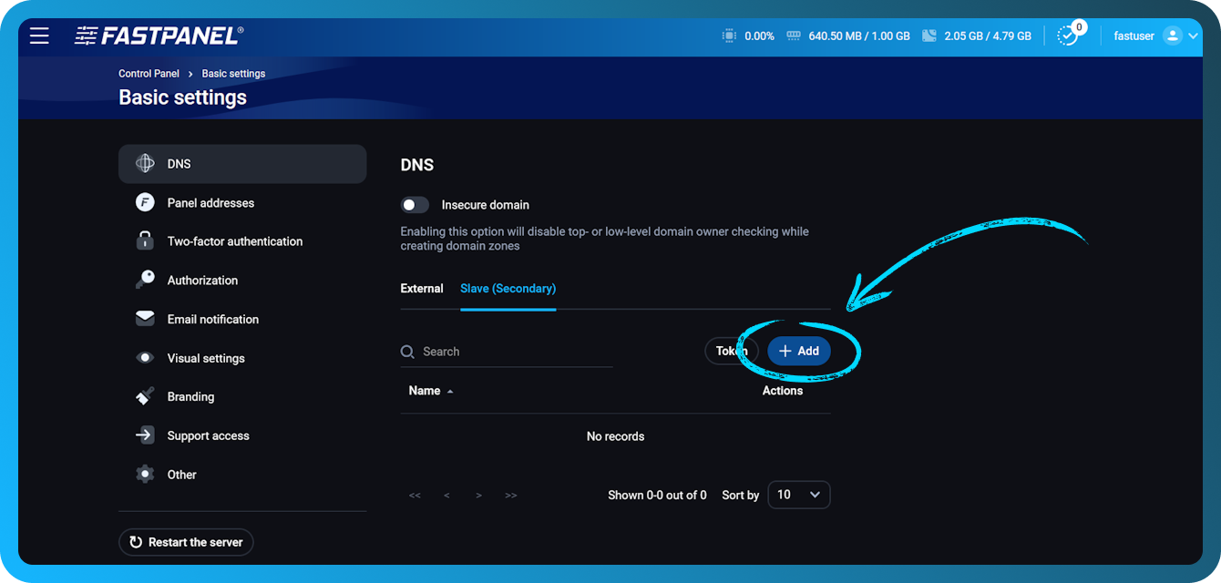 在 FASTPANEL 中添加辅助 DNS 服务器