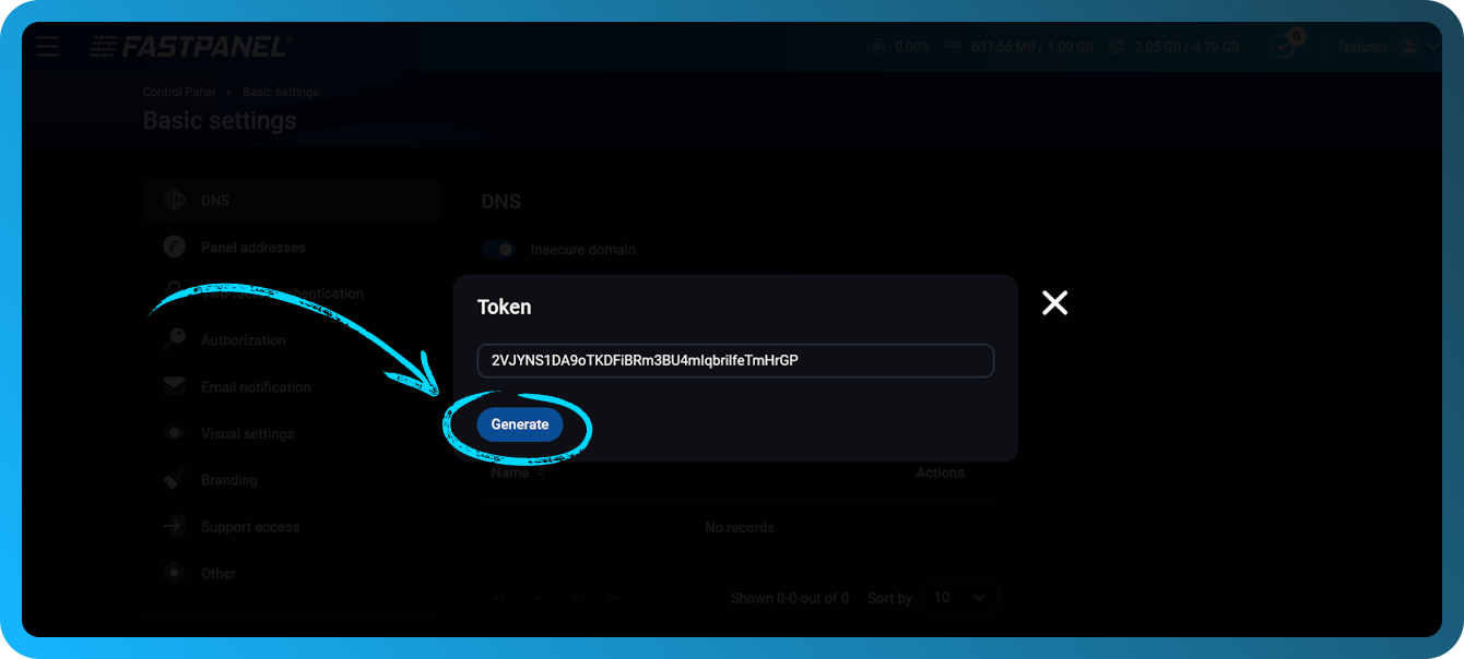在 FASTPANEL 中为辅助 DNS 服务器生成令牌