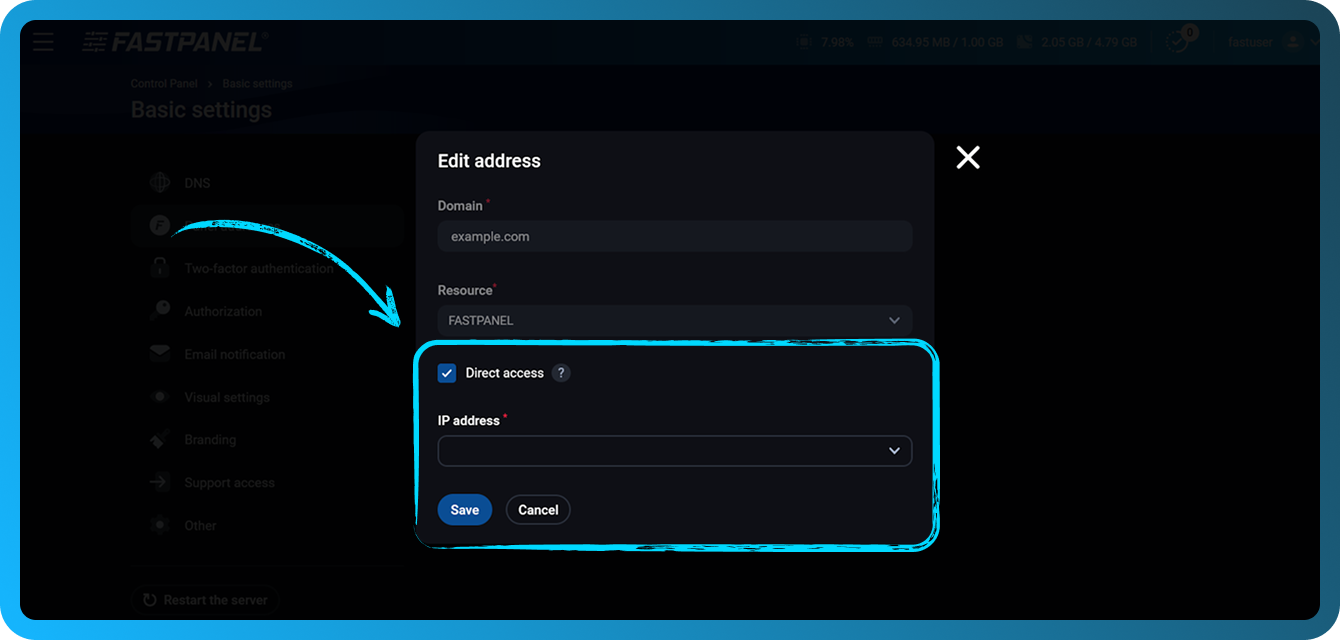 在 FASTPANEL 中选择 IP 地址