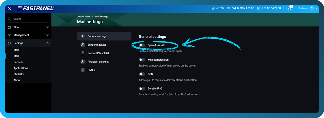 在 FASTPANEL 中启用 spamassassin