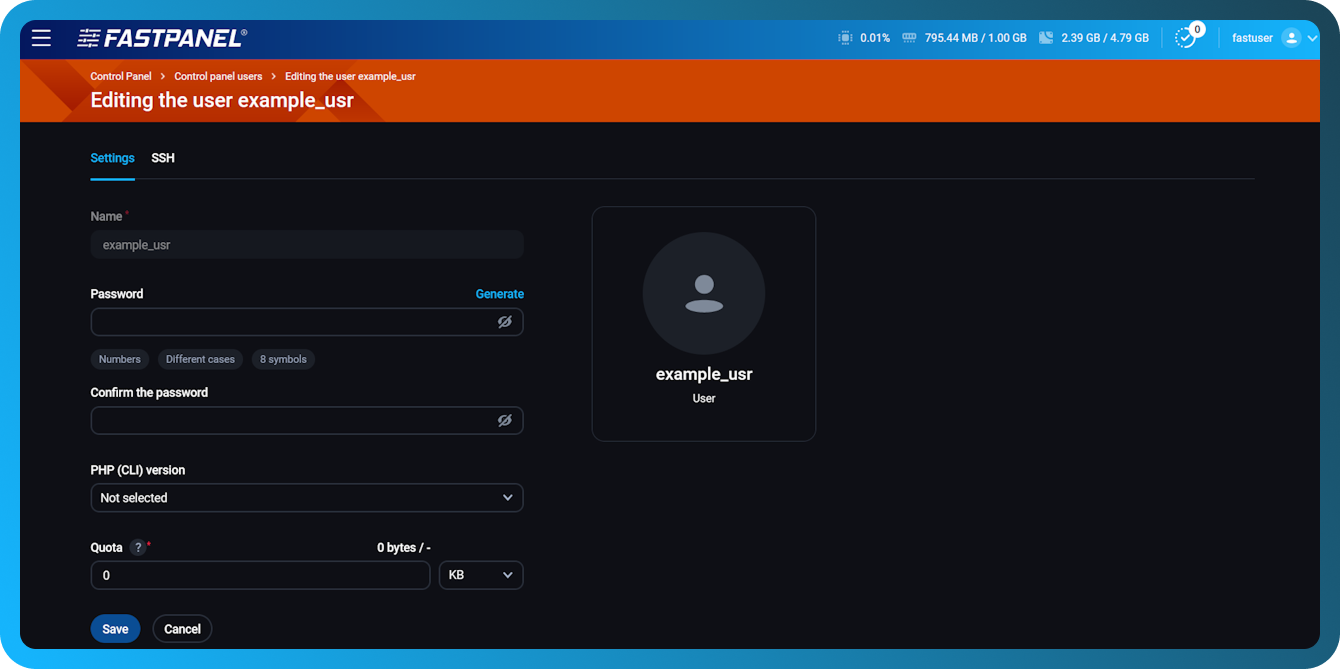在 FASTPANEL 中编辑现有用户